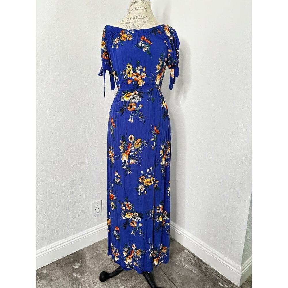 Band of Gypsies Royal Blue Floral Maxi Boho Dress Off-Shoulder Size S NWT